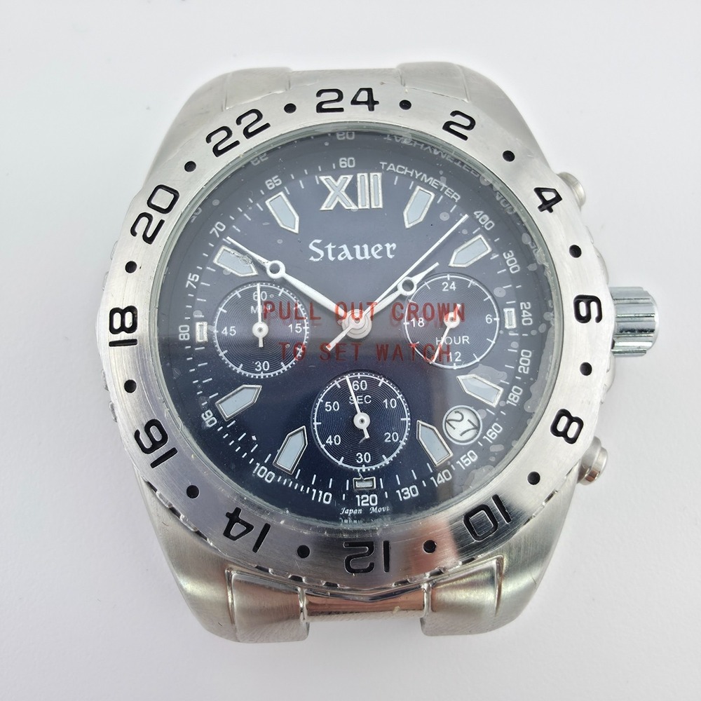 New STAUER Mens Watch Case Hybrid Chronograph Navy Blue Dial Silver Tone No Band